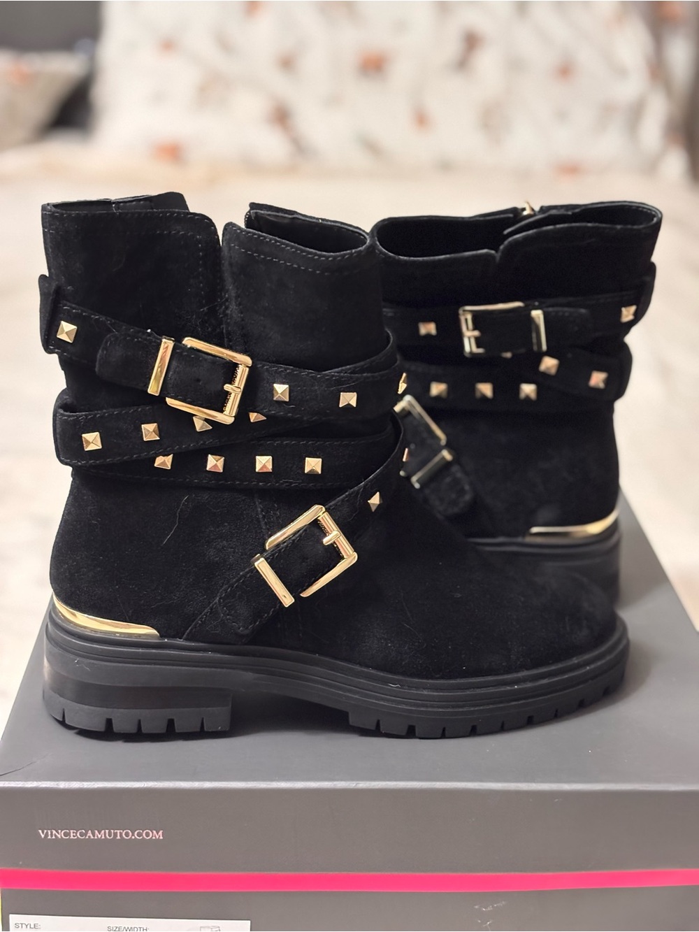 Vince Camuto Black Suede Combat Boots with Gold Hardware. BOX!